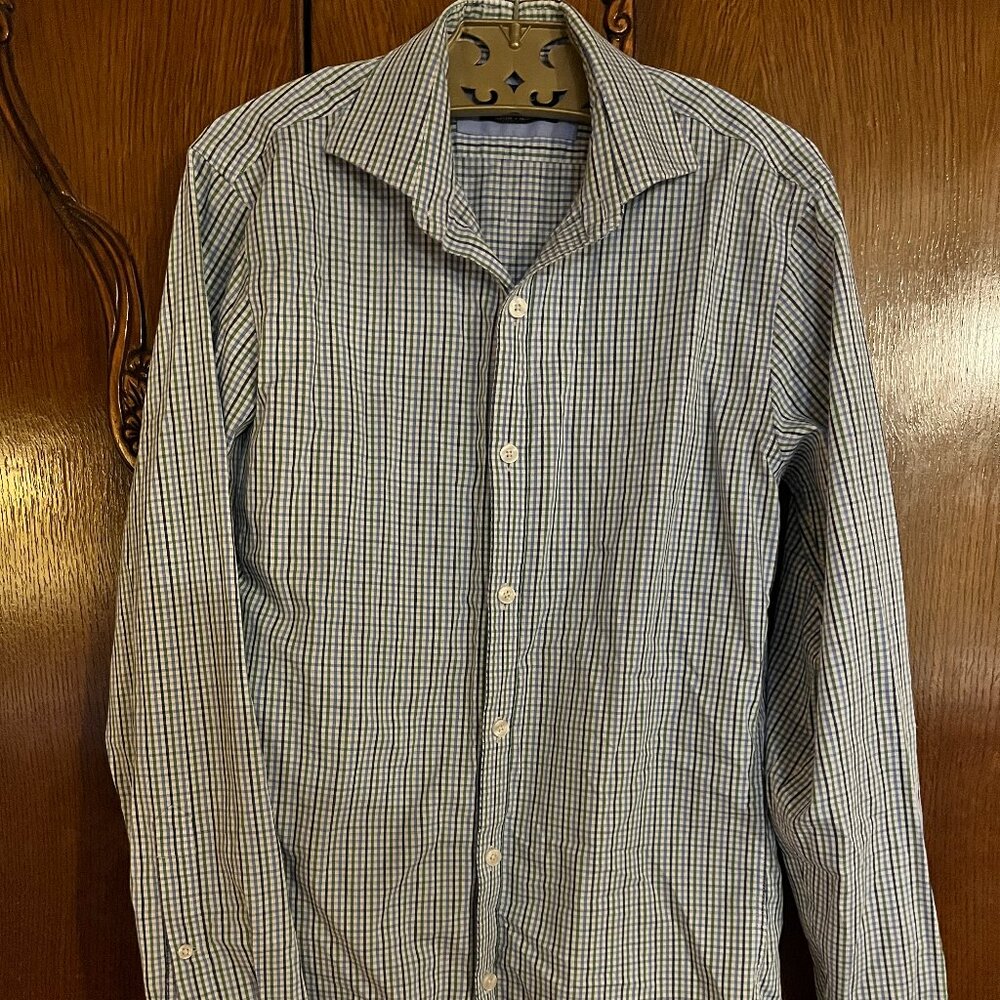 Men’s Esquire Blue Green Check Button Down Shirt 14.5 32/33 Long Sleeve